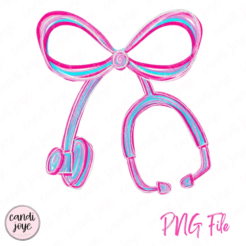 May include: A digital illustration of a stethoscope and bow in shades of pink and blue. The stethoscope is designed with a bow at the top and the text "PNG File" is written in pink. The image has a watercolor effect.