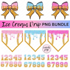 May include: Digital PNG bundle featuring ice cream-themed designs. Includes bows, baseball home plate shapes, and numbers 1-0. The bows have ice cream drip details in pink and blue. The home plate shapes have ice cream drip designs. The numbers are in a collegiate style.