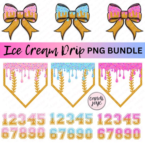 Baseball Drip PNG BUNDLE, Coquette Ice Cream Dip PNG, Home Plate Drip Sublimation Design, Numbers Sprinkles Baseball Softball Png Clipart