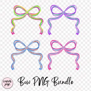 May include: A Bow PNG Bundle featuring four colorful bows. Each bow has a different color scheme: rainbow, purple, blue, and pink. The bows have long, flowing ribbons and are set against a transparent background.