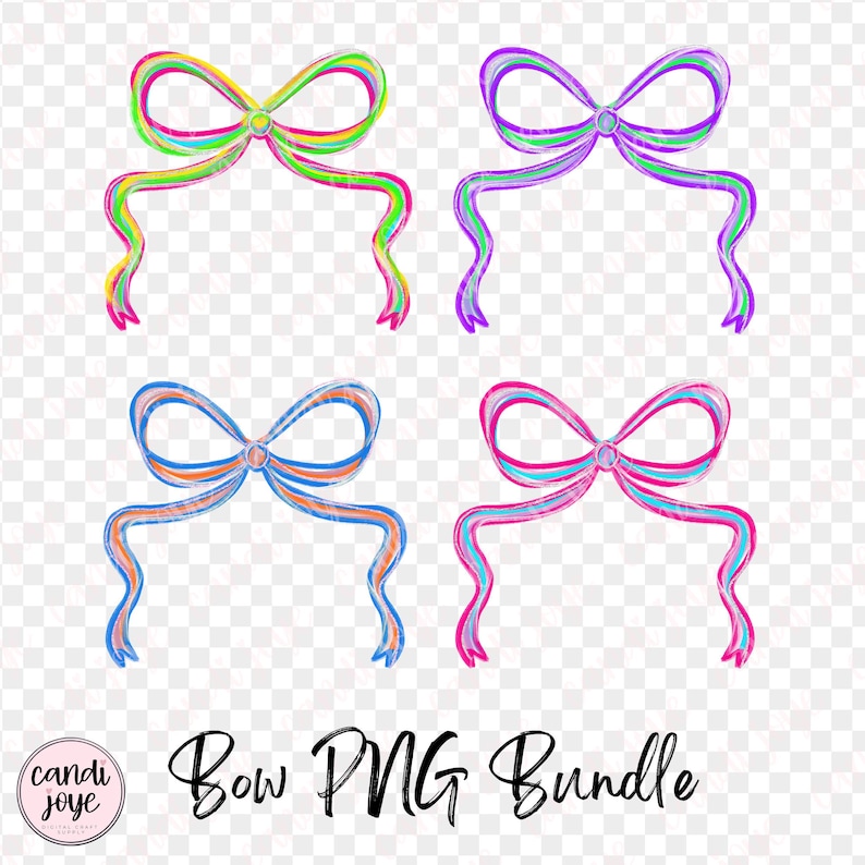 May include: A Bow PNG Bundle featuring four colorful bows. Each bow has a different color scheme: rainbow, purple, blue, and pink. The bows have long, flowing ribbons and are set against a transparent background.