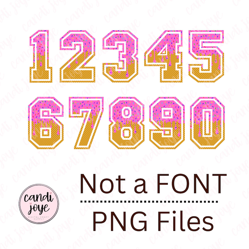 Op de afbeelding: Digitale PNG-bestanden met de cijfers 1 tot en met 0, ontworpen als donuts. Elk cijfer heeft een roze glazuur met hagelslag en een goudbruine, getextureerde basis. De tekst "Not a FONT" en "PNG Files" is ook inbegrepen.