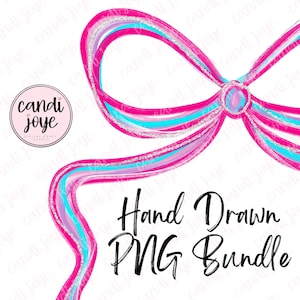 May include: A digital illustration of a pink and blue bow with silver glitter accents. The words "Hand Drawn PNG Bundle" are written in black script below the bow. A circular logo with the text "candi joye" is in the upper left corner.