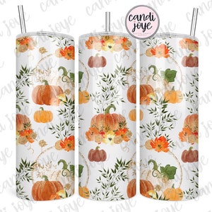 Fall Tumbler Wrap PNG, Pumpkin Patch 20oz Tumbler Sublimation Design, Floral Autumn 20oz Skinny Straight Tumbler Wrap PNG, Seamless Design