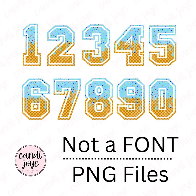 Op de afbeelding: Digitale PNG-bestanden met de cijfers 0-9 in een uniek ontwerp. Elk nummer heeft een lichtblauwe bovenkant met hagelslag, die over een wafelachtige, bruine basis druipt. De tekst "Not a FONT" en "PNG Files" is ook inbegrepen.