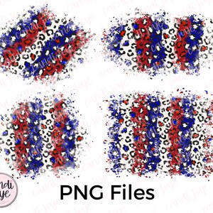 May include: Four digital clipart images of red, white, and blue stripes with a leopard print overlay. The images are in a distressed, watercolor style.