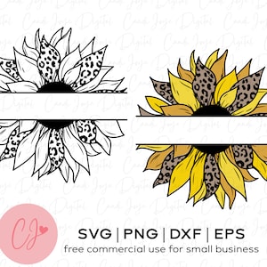May include: Two split-style sunflower designs with leopard print accents. One design is in black and white, the other is in yellow, brown, and black. Both designs have a blank space in the center for text.