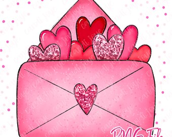 May include: A pink envelope illustration with a heart-shaped glitter design on the front. The envelope is open, revealing several red and pink hearts, some with glitter accents. The background has pink polka dots.