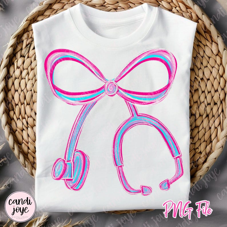 May include: White t-shirt featuring a pink and blue stethoscope design. The stethoscope is stylized with a bow at the top and the text "PNG File" at the bottom right. The design is in a watercolor style.