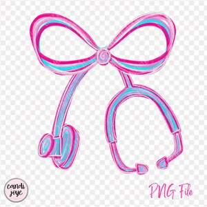 May include: A whimsical illustration of a stethoscope in pink and blue, designed to resemble a bow. The stethoscope features a bow at the top and the text "PNG File" in pink. The design is perfect for medical professionals.