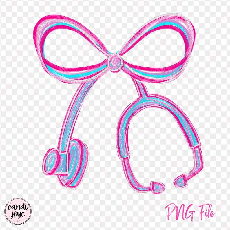 May include: A whimsical illustration of a stethoscope in pink and blue, designed to resemble a bow. The stethoscope features a bow at the top and the text "PNG File" in pink. The design is perfect for medical professionals.