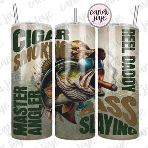 Papà che pesca 20oz Tumbler Wrap PNG Design a sublimazione, Divertente festa del papà 20oz Skinny Straight Tumbler Wrap PNG, Bass Slayer Seamless Design