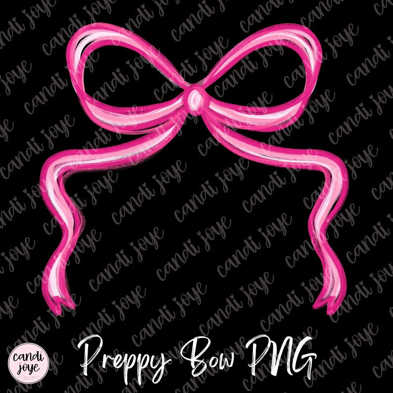 May include: A pink preppy bow PNG graphic on a black background. The bow is a watercolour style with a white outline and a darker pink centre. The text "Preppy Bow PNG" is at the bottom.