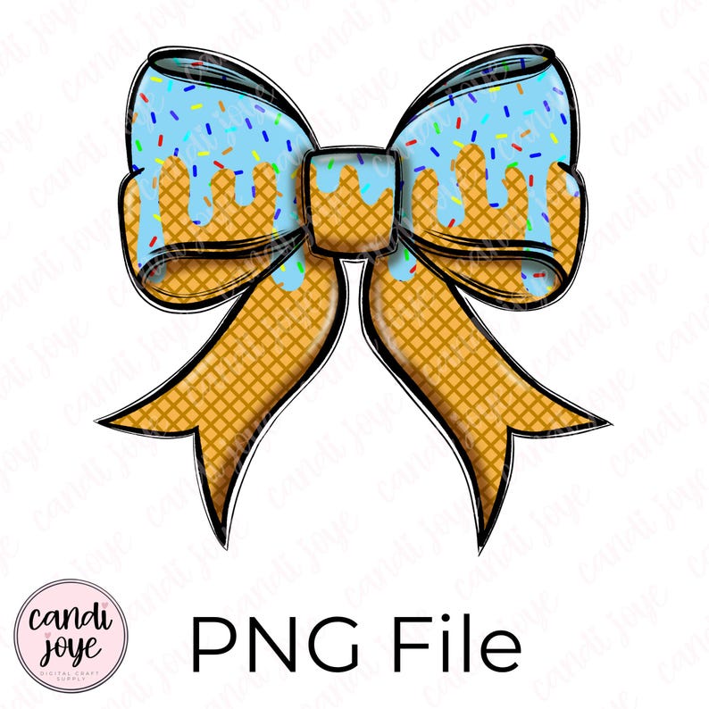Op de afbeelding: Een digitale PNG-bestand met een strik ontwerp. De strik heeft een lichtblauw midden met kleurrijke sprinkles en druipende details, tegen een wafelpatroon. De strik is zwart omlijnd, met de tekst "PNG File" eronder.