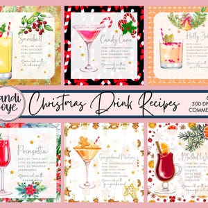 Diseños de tarjetas con recetas de cócteles con acuarela retro para imprimir en formato imprimible de bebidas navideñas. Recetas de bebidas para diario basura. Diseños de sublimación. Compatible con POD.