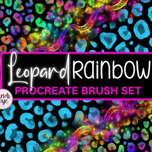 May include: A digital illustration of a leopard print pattern with a rainbow color scheme. The text "Leopard Rainbow Procreate Brush Set" is displayed on a black rectangle with a pink border. The text "Candi Joye" is displayed in a circle with a pink border.