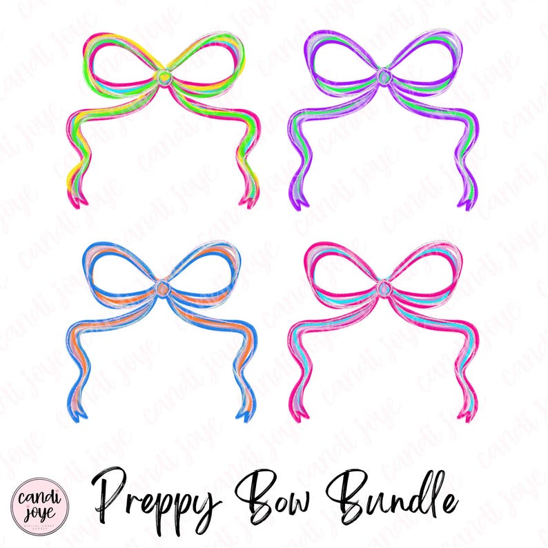 May include: A collection of four watercolor bows in various color schemes: green, purple, blue, and pink. Each bow has long, flowing ribbons. The text "Preppy Bow Bundle" is written in black script below the bows. The bows are on a white background.