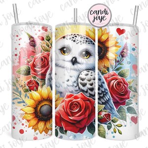 Hibou 20 oz papier peint Wrap PNG, chouette blanc neige sublimation Design téléchargement numérique, Tournesol Rose chouette 20 oz papier peint skinny droit Wrap PNG