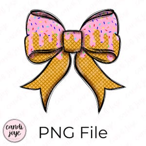 Op de afbeelding: Een digitale PNG-bestand met een strik ontwerp. De strik heeft een roze midden met kleurrijke sprinkles en druipende glazuur, tegen een wafelpatroon. De tekst "PNG File" wordt onder de strik weergegeven.