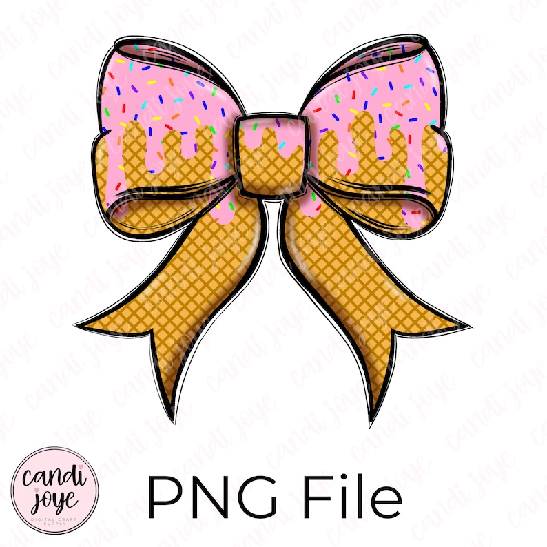 Op de afbeelding: Een digitale PNG-bestand met een strik ontwerp. De strik heeft een roze midden met kleurrijke sprinkles en druipende glazuur, tegen een wafelpatroon. De tekst "PNG File" wordt onder de strik weergegeven.