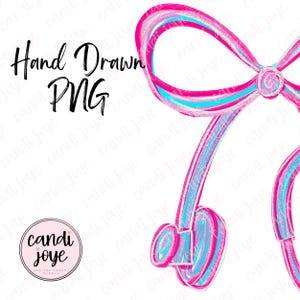 May include: A hand-drawn PNG graphic of a stylized bow in shades of pink, blue, and silver glitter. The bow features a looped design with a central knot and flowing ribbons. The text "Hand Drawn PNG" is above the bow, and a logo is in the lower left corner.