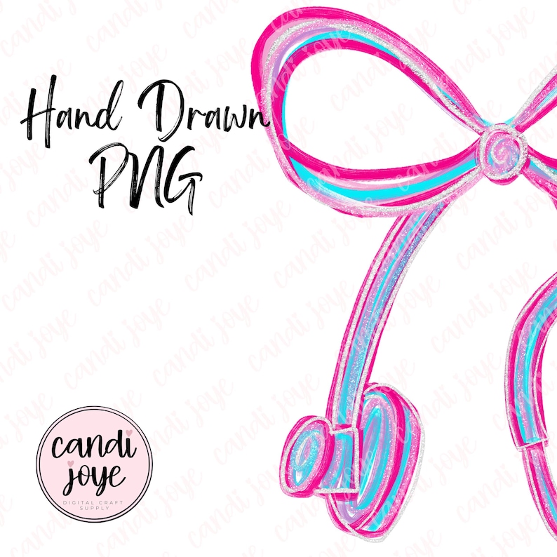 May include: A hand-drawn PNG graphic of a stylized bow in shades of pink, blue, and silver glitter. The bow features a looped design with a central knot and flowing ribbons. The text "Hand Drawn PNG" is above the bow, and a logo is in the lower left corner.