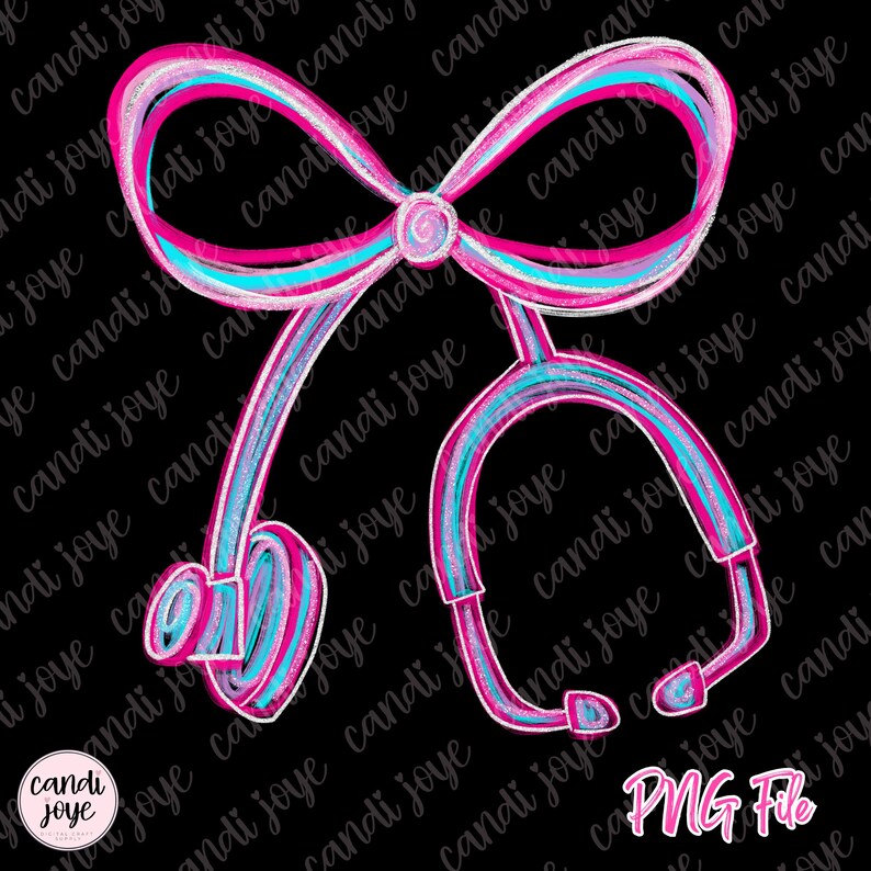 May include: A digital illustration of a stethoscope with a bow. The stethoscope and bow are outlined in pink and blue, with a black background. The image includes the text "PNG File" and the brand name "Candi Joye".
