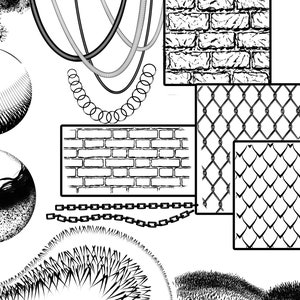 Puede incluir: Un conjunto de 23 pinceles personalizados para arte digital, que presenta una variedad de texturas y patrones, incluyendo ladrillo, valla de cadena y formas abstractas. Los pinceles están diseñados para su uso con Procreate.