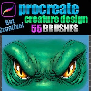 May include: Procreate Creature Design 55 Brushes. A close-up of a green creature's face with yellow eyes. The creature's face is textured and detailed. The image is a digital illustration.
