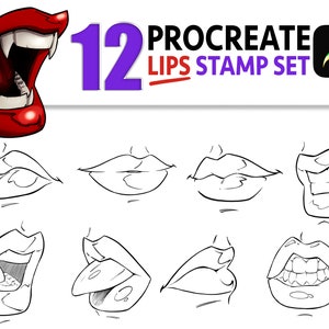 Könnte beinhalten: Ein Set mit 12 Procreate-Stempelpinseln für Lippen. Das Bild zeigt verschiedene Lippenformen und -ausdrücke, darunter offener Mund, geschlossener Mund, Lächeln und Schmollen. Die Pinsel sind für digitale Künstler und Illustratoren konzipiert.