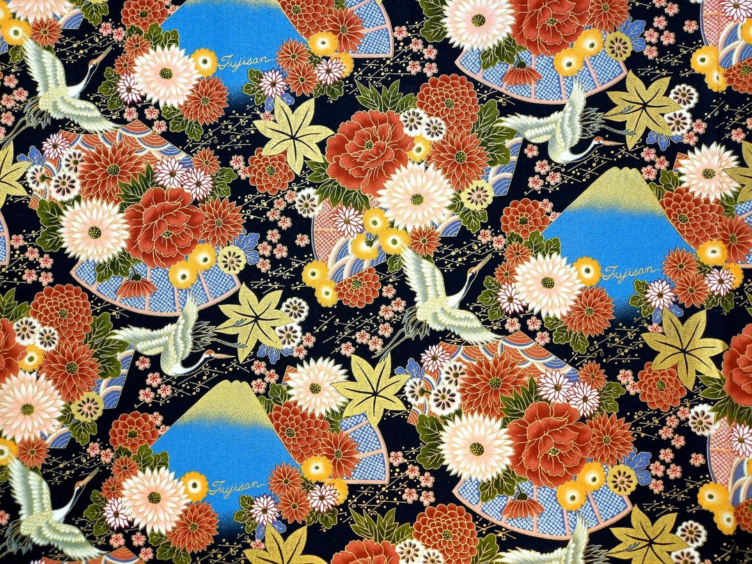 Black Japanese Fabric Black Floral Fabric Bird Flower Etsy
