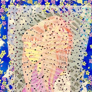 May include: A colourful illustration of a person with long hair, partially obscured by a patterned overlay. The background features a repeating pattern of white rabbits and flowers on a blue background.