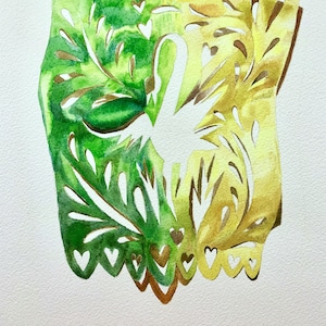 May include: A watercolour painting of a white bird with green and yellow foliage surrounding it. The bird is in the centre of the painting and is surrounded by leaves and hearts. The painting is on a white background.