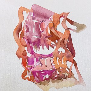 May include: Watercolour painting of a pink and orange abstract design with the words "Stop" and "Listen" cut out of the paper.