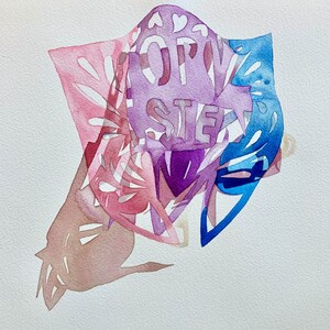 May include: Abstract watercolour painting with overlapping layers of pink, purple, and blue paper cutouts. The text "LOVE IS THE" is visible in the centre of the image.