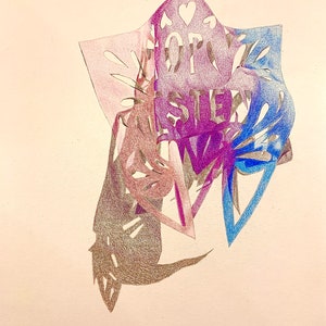 May include: Abstract art drawing in shades of pink, purple, and blue with the words "HOPE" and "LISTEN" written in the centre.