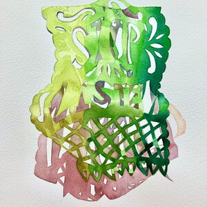 May include: A watercolour painting of a paper cutout with the words "Simple as that" in a decorative font, featuring shades of green, yellow and brown.