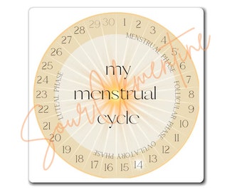 May include: A circular chart with a white background and a peach-colored center. The chart is divided into three sections, labeled "Menstrual Phase", "Follicular Phase", and "Luteal Phase". The center of the chart says "my menstrual cycle".