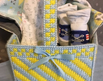 New born baby boy gift basket with 2 handmade burpers