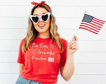 Chanclas, Fuegos artificiales, Camiseta unisex de manga corta Freedom, Camisa Americana, Camisa 4 de julio, Camisa de verano