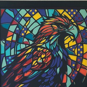 May include: A framed paper art piece depicting an eagle in profile, crafted with layered paper. The artwork uses a palette of red, orange, yellow, blue, and teal. The background is designed to resemble stained glass.