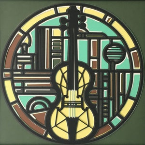 Puede incluir: Una impresión artística enmarcada que presenta una silueta negra de un violín con un diseño geométrico amarillo y verde en el fondo.