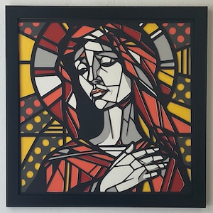 Heilige Maria christelijke zegen gebrandschilderd glas svg gelaagde gesneden bestand kunst aan de muur, laag SVG-bestand knippen voor Cricut crafters, lasercut, gravure, CNC