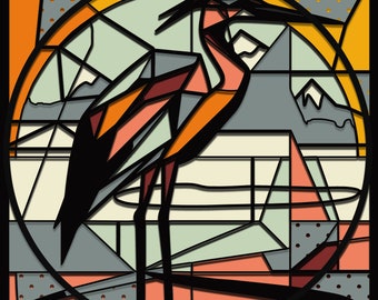 May include: A colorful stained glass style illustration of a bird with a long neck and beak standing on a branch. The bird is mostly orange, pink, and black. The background is a mix of blue, yellow, and orange.