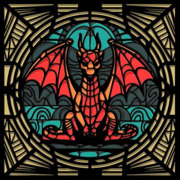 Vetro colorato con drago SVG, file di taglio multistrato (download digitale)