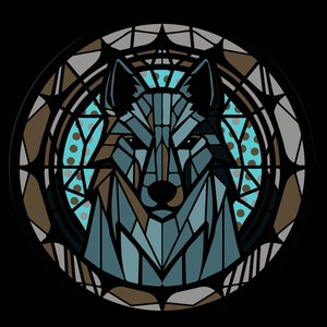 May include: A stylized wolf head in a stained glass design with blue, brown, and gray colors. The wolf's head is surrounded by a circular frame with a geometric pattern.
