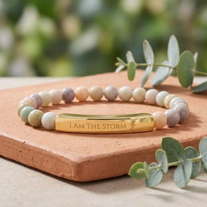 I Am the Storm Natural Stone Stretch Bar Bracelet | Engraved Mantra Empowering