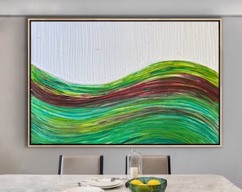 Original Textured Green Painting - Emerald Green and shades of red and white -Impasto Painting - Ready to Hang wall art - canvas wall decor
