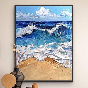 Framed Coastal Canvas Wall Art: Beach Waves - Neutral Blue