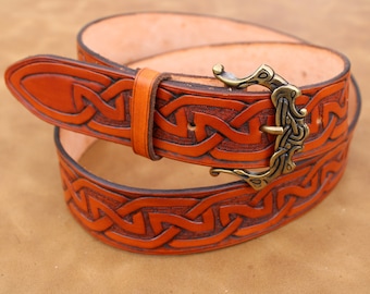 Cintura in pelle con nodo vichingo - Cintura in stile norreno pieno fiore intagliata a mano
